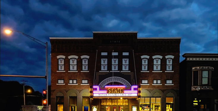 2016 Preservation at its Best, Small Commercial: State Theatre, Washington, Iowa.  Exterior nighttime view