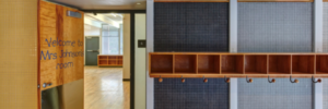 Midcentury classroom entryway, "Welcome to Mrs. Johnson's Class