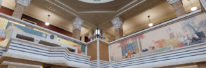 Lit dome and main atrium at the Prairie Style Woodbury County Courthouse