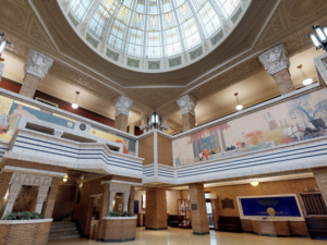 Lit dome and main atrium at the Prairie Style Woodbury County Courthouse